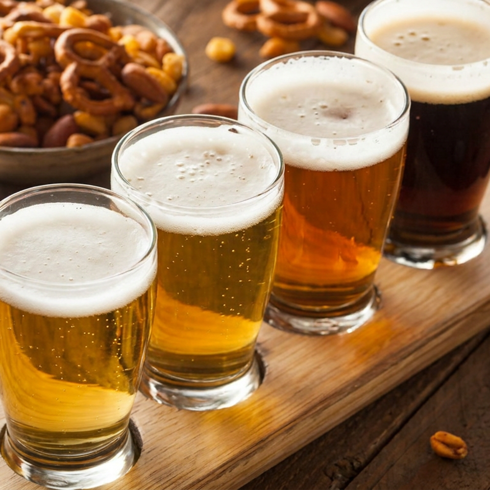 Four frothy beers on a wooden serving board with a bowl of pretzels and mixed nuts on a rustic table.