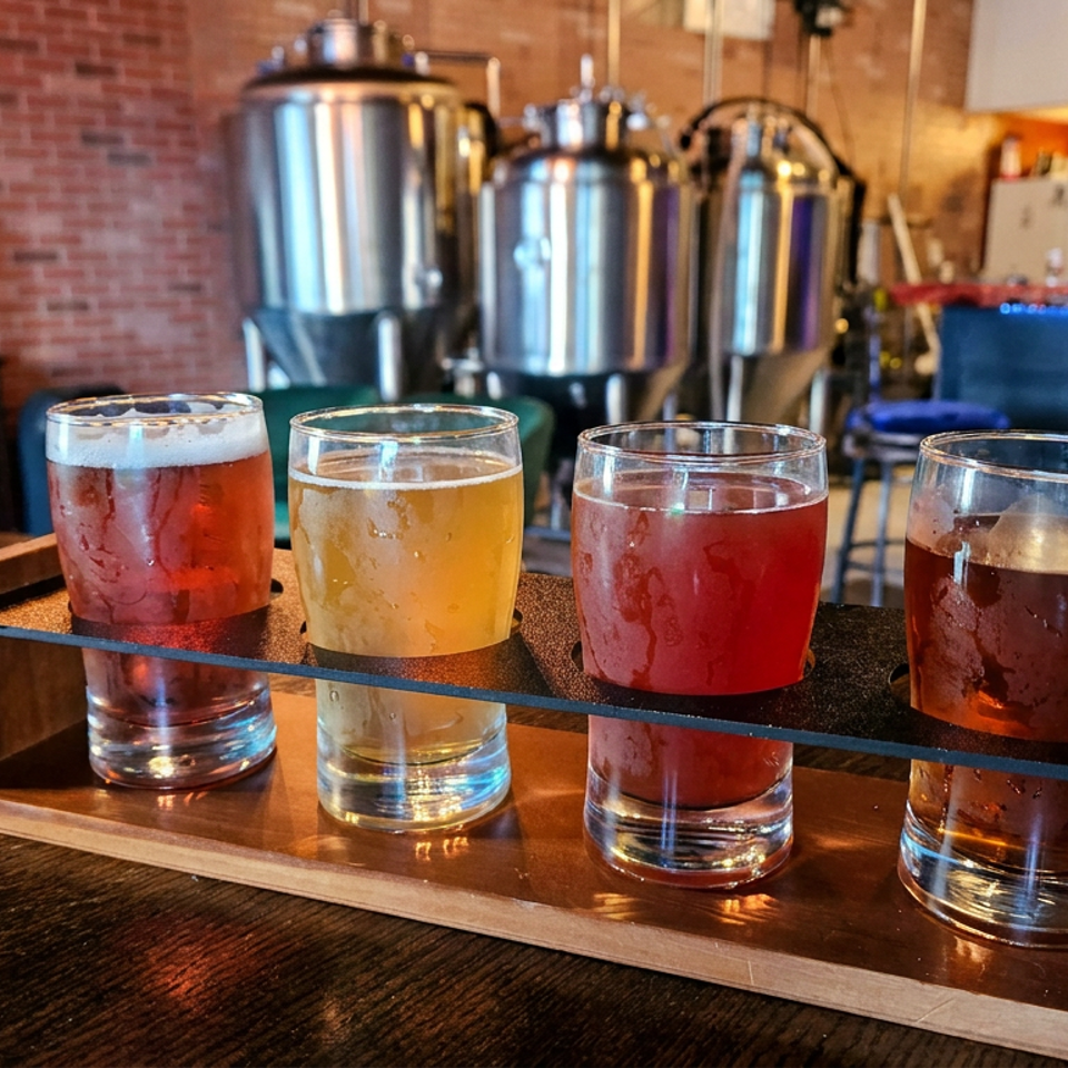 Four colorful craft beers sit in a wooden tasting flight tray at a warmly lit brewery with stainless steel brewing tanks.